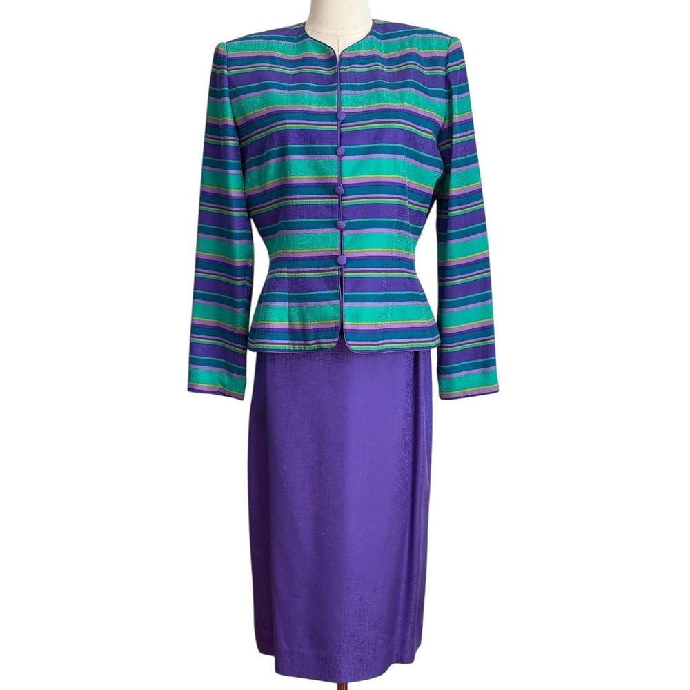 Adrianna Papell Striped Silk Skirt Suit Womens Size 6 Purple Teal 90s Vintage